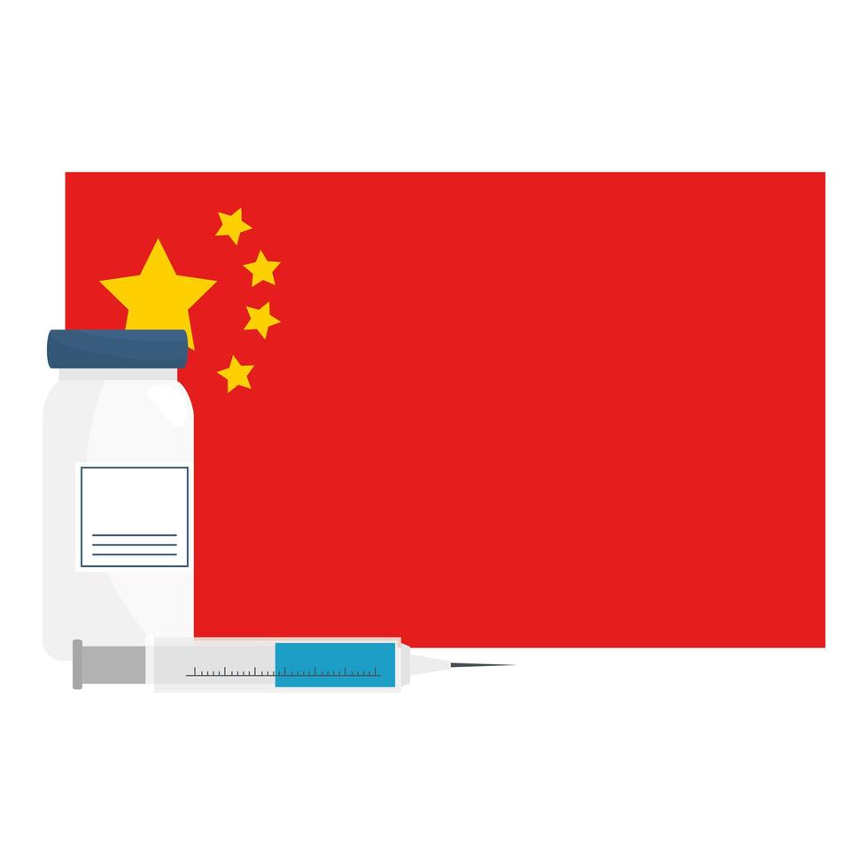 Inyección y botella de vacuna covid 19 en diseño vectorial de bandera de China vector