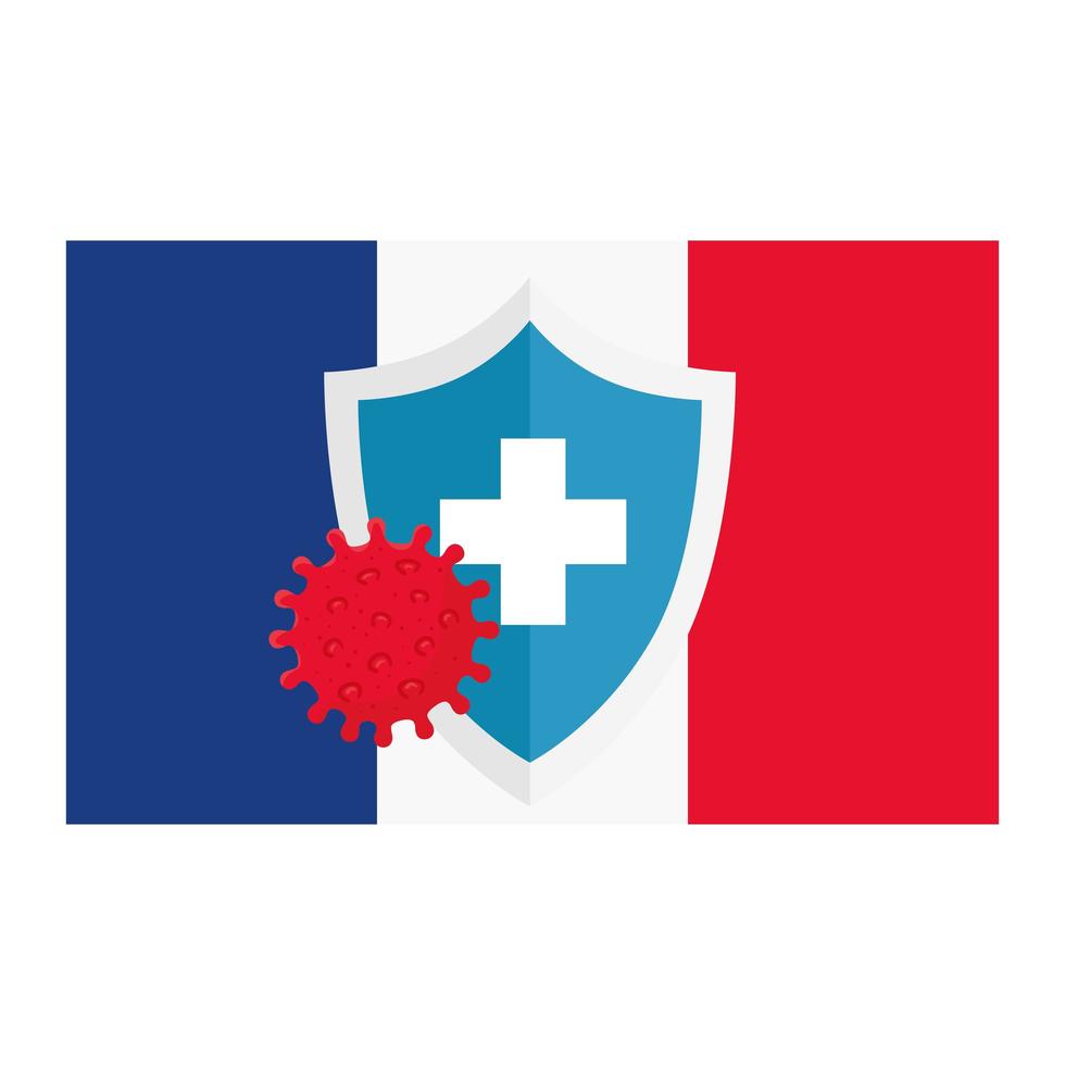 Virus covid 19 con escudo cruzado en diseño vectorial de bandera de Francia vector