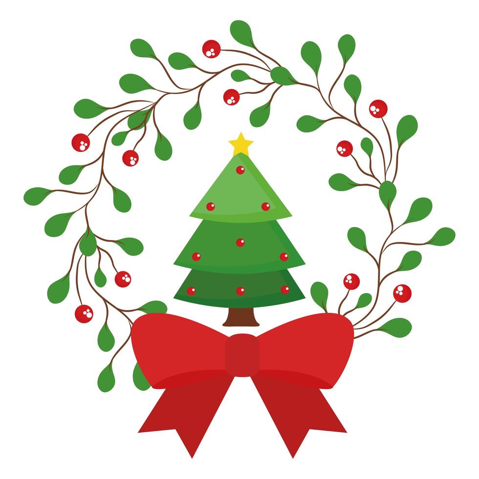 merry christmas pine tree in leaves crown vector design