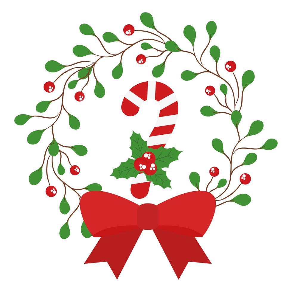 merry christmas candy in berries with leaves crown with bowtie vector design