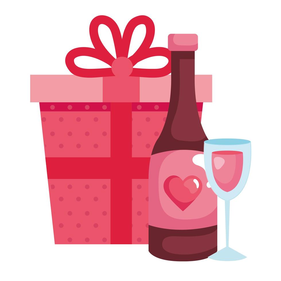 Copa de vidrio con botella de vino y caja de regalo. vector