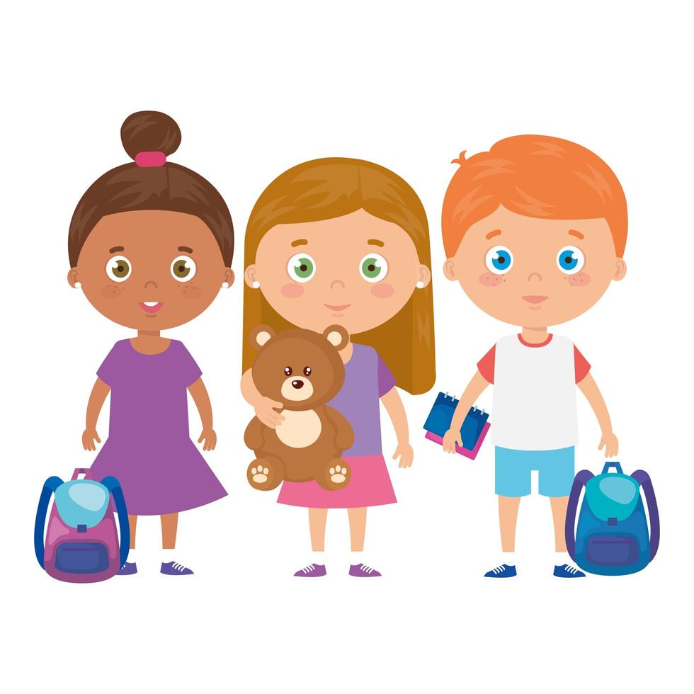 Grupo de niños pequeños con mochila y juguetes. vector
