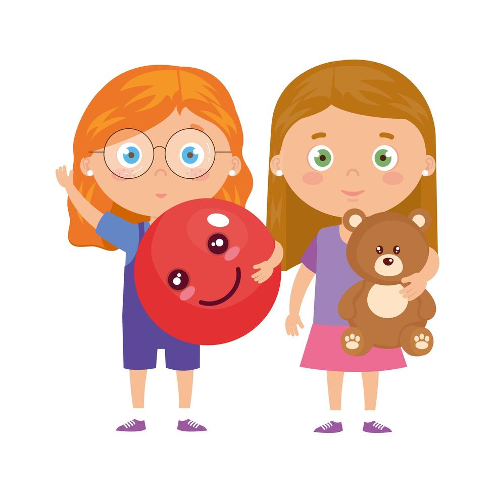 group of little girls with teddy bear and ball vector