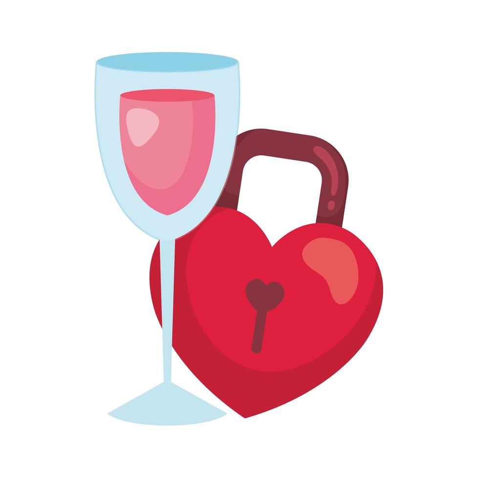 padlock in shape heart and cup glass with wine vector