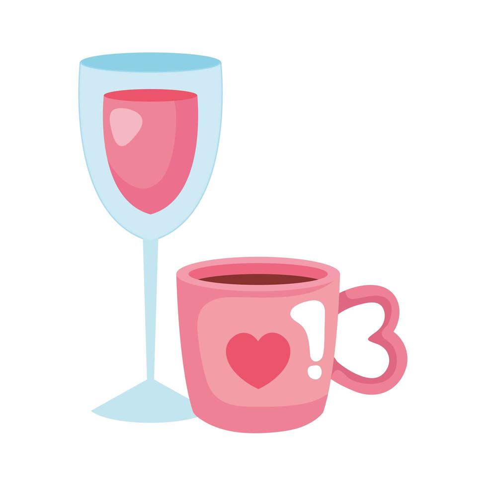 cup coffee and cup glass with wine vector