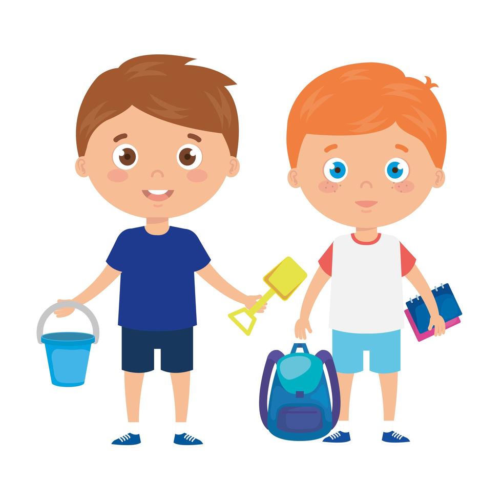 cute little boys with school bag and toys vector