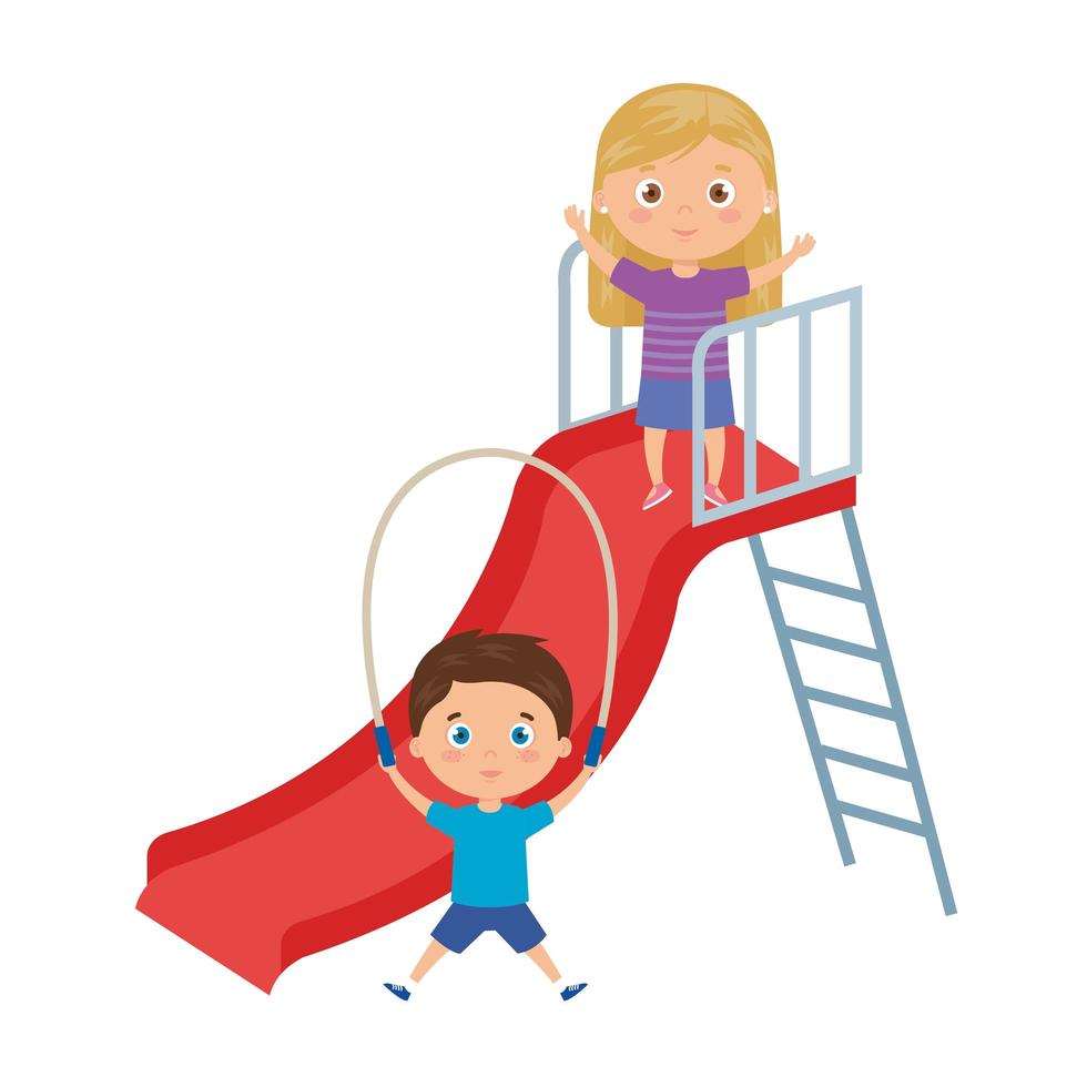 cute little children with slide and rope jump vector