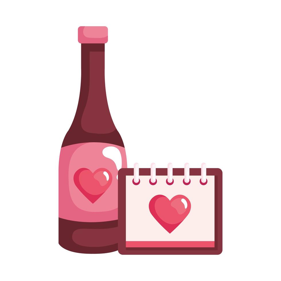 calendar and heart with bottle wine isolated icon vector