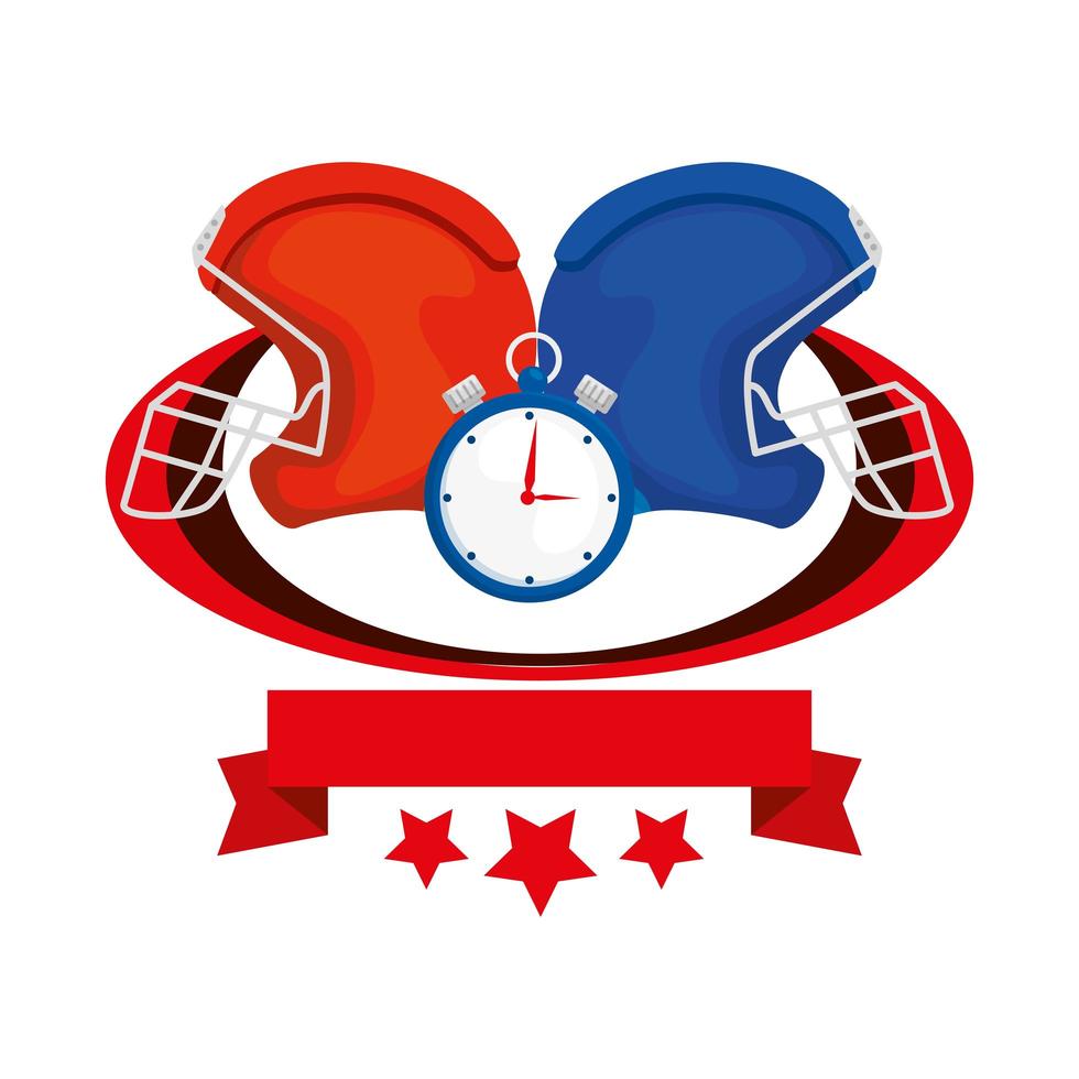 american football helmets and chronometer with ribbon and stars vector