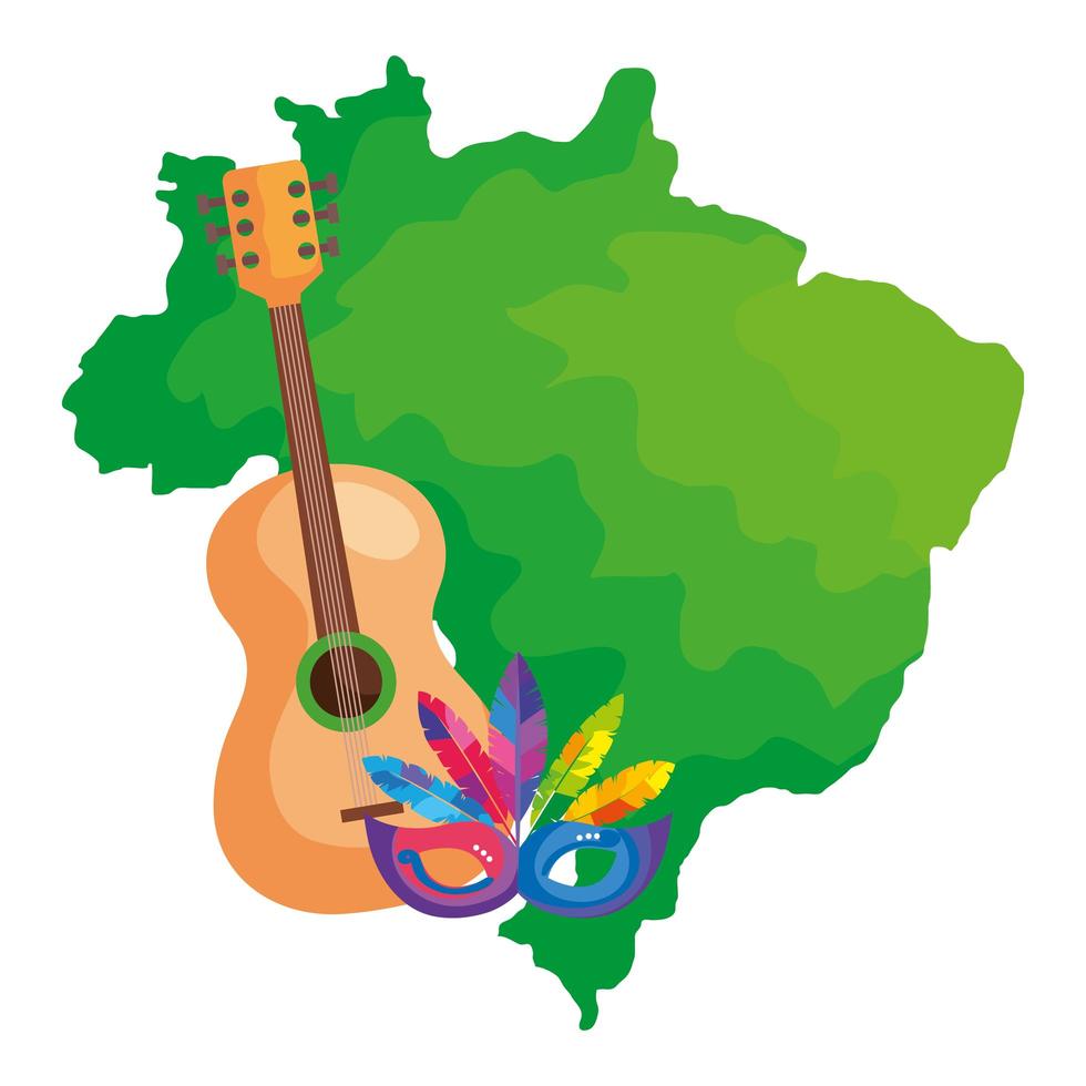 Mapa de Brasil con máscara de carnaval y guitarra vector