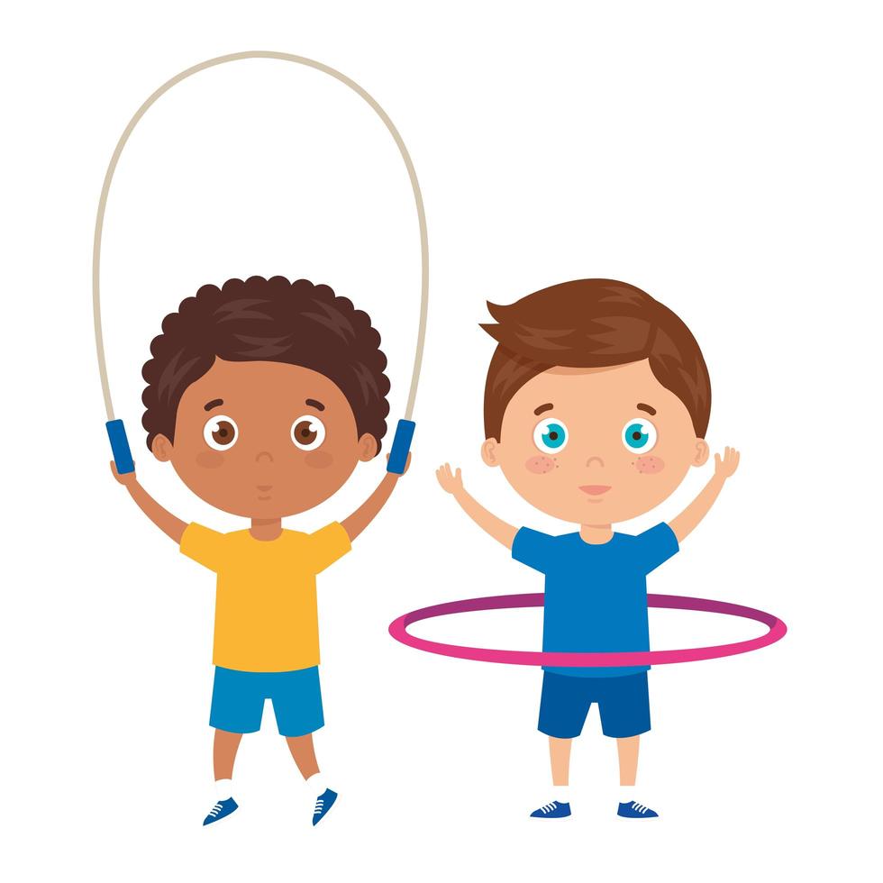 cute little boys with jump rope and hula hula vector