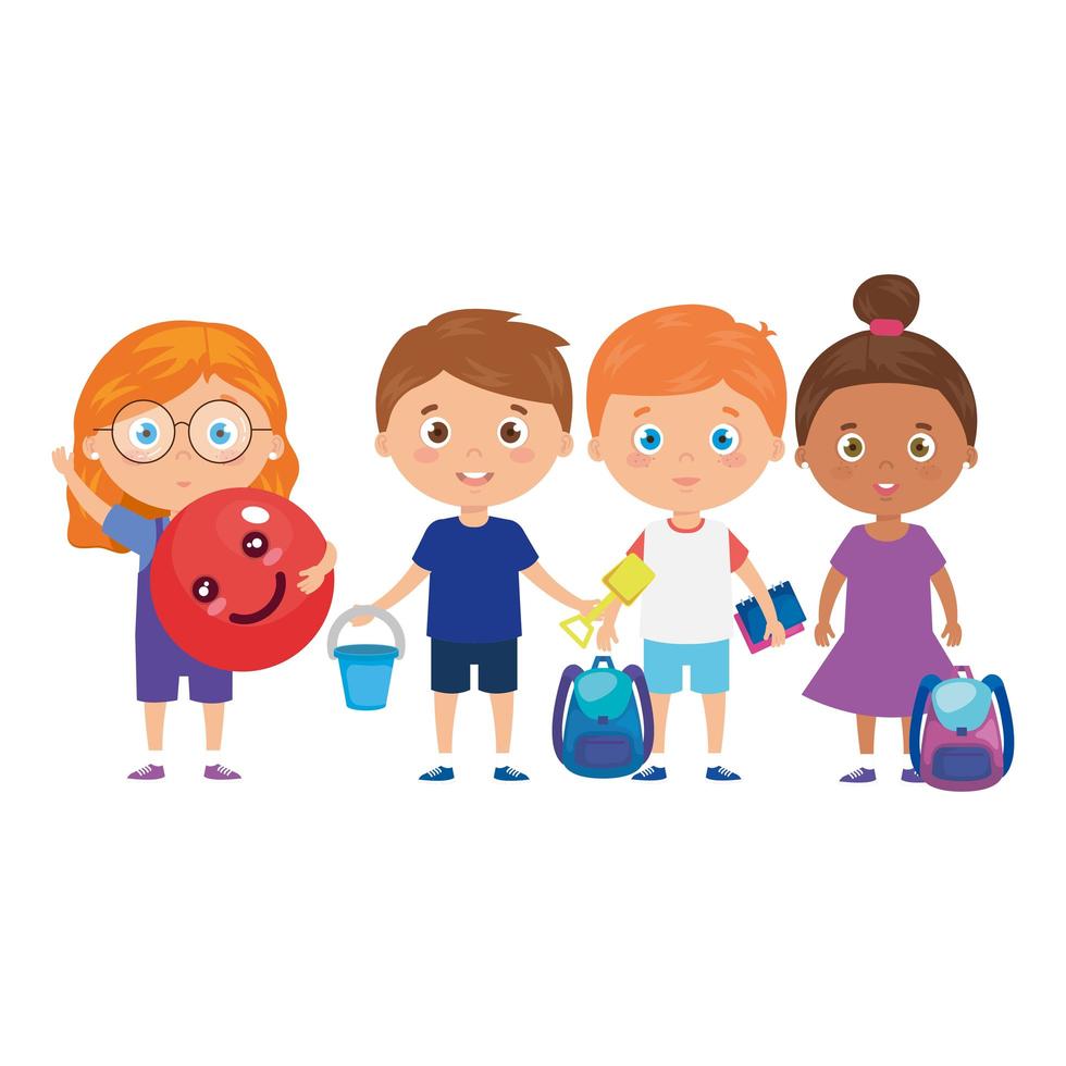 Grupo de niños pequeños con mochila y juguetes. vector