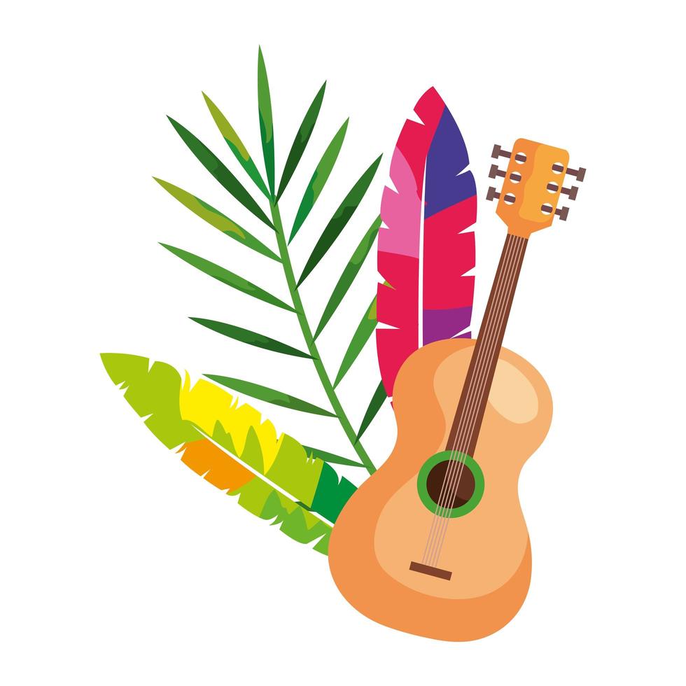 guitarra con plumas exóticas y hojas tropicales vector