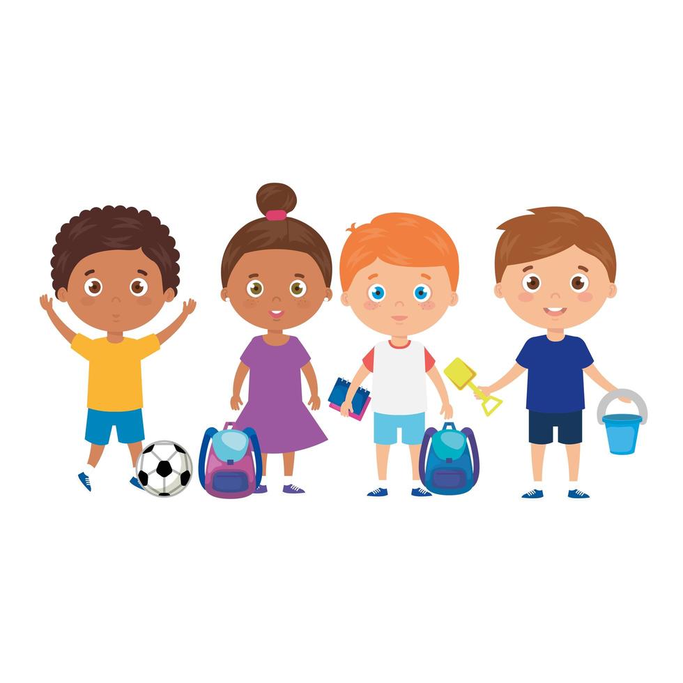 group of little children with school bag and toys vector