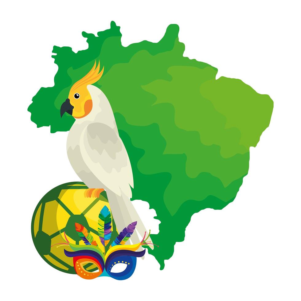 Mapa de Brasil con loros e iconos tradicionales. vector