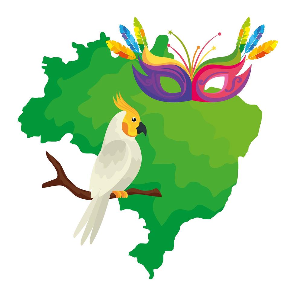map of brazil with parrot and mask carnival vector