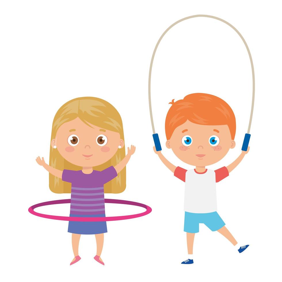 lindos niños pequeños con saltar la cuerda y hula hula vector