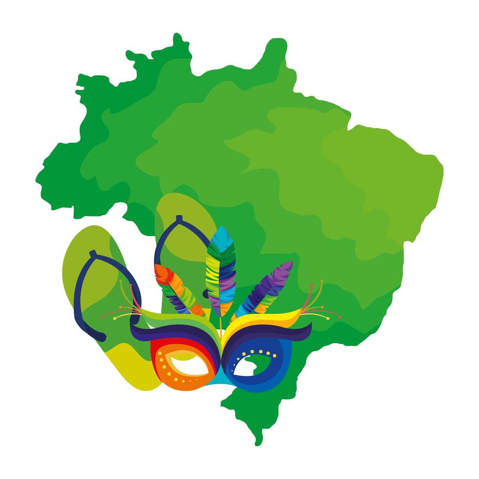 map of brazil with mask carnival and flip flops vector