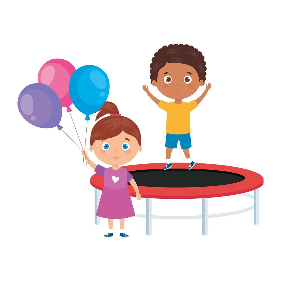 cute little children with trampoline jump and balloons helium vector