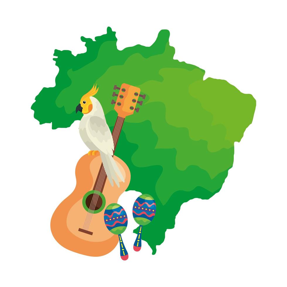 map of brazil with parrot and icons traditional vector