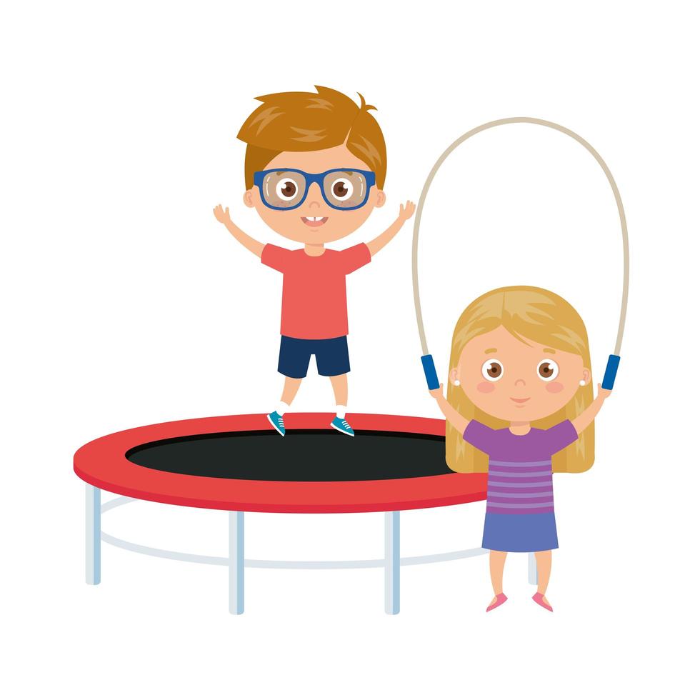 cute little children with trampoline jump and rope jump vector