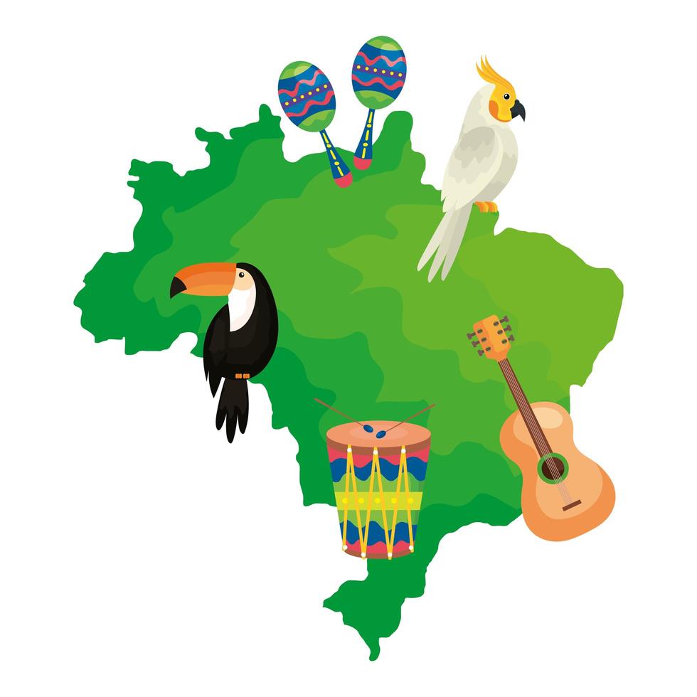 map of brazil with parrot and icons traditionals vector