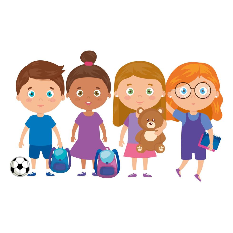 Grupo de niños pequeños con mochila y juguetes. vector