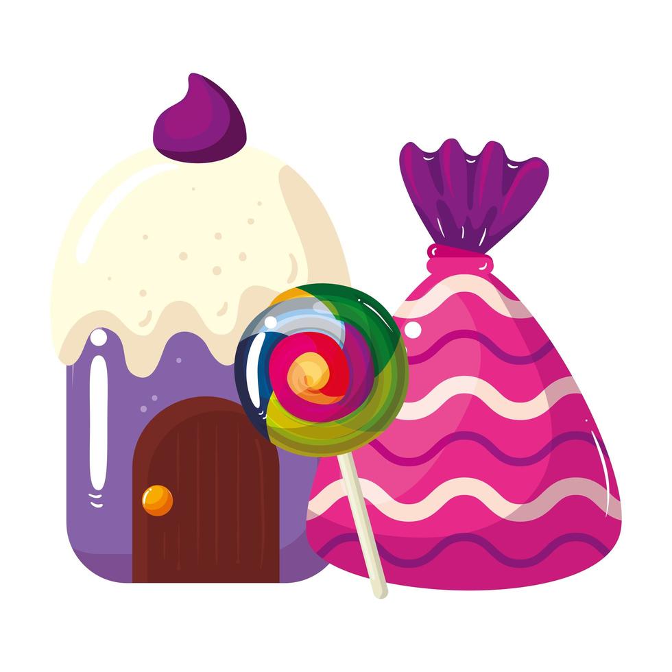 cupcake house delicious with lollipop and candy vector