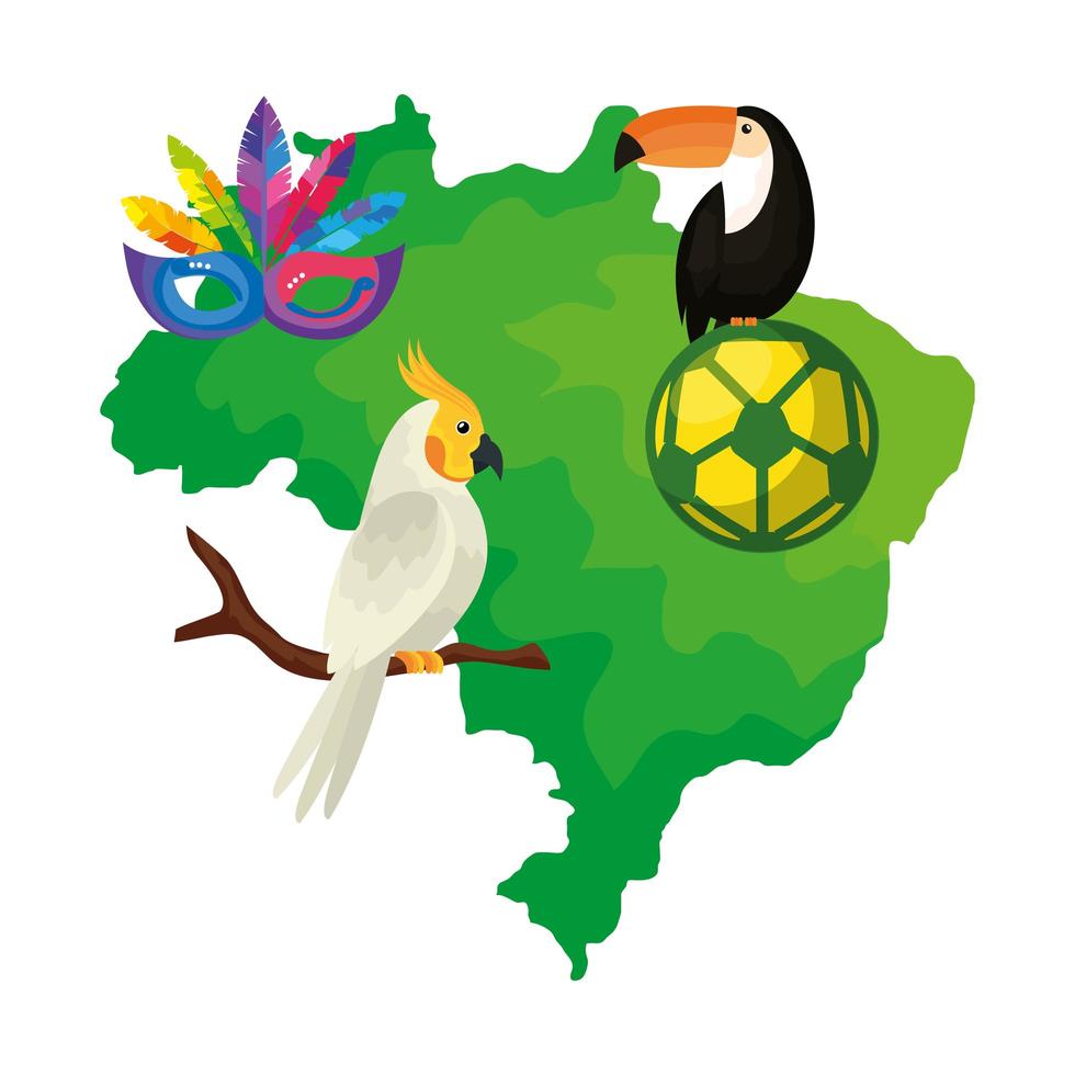 map of brazil with parrot and icons traditionals vector