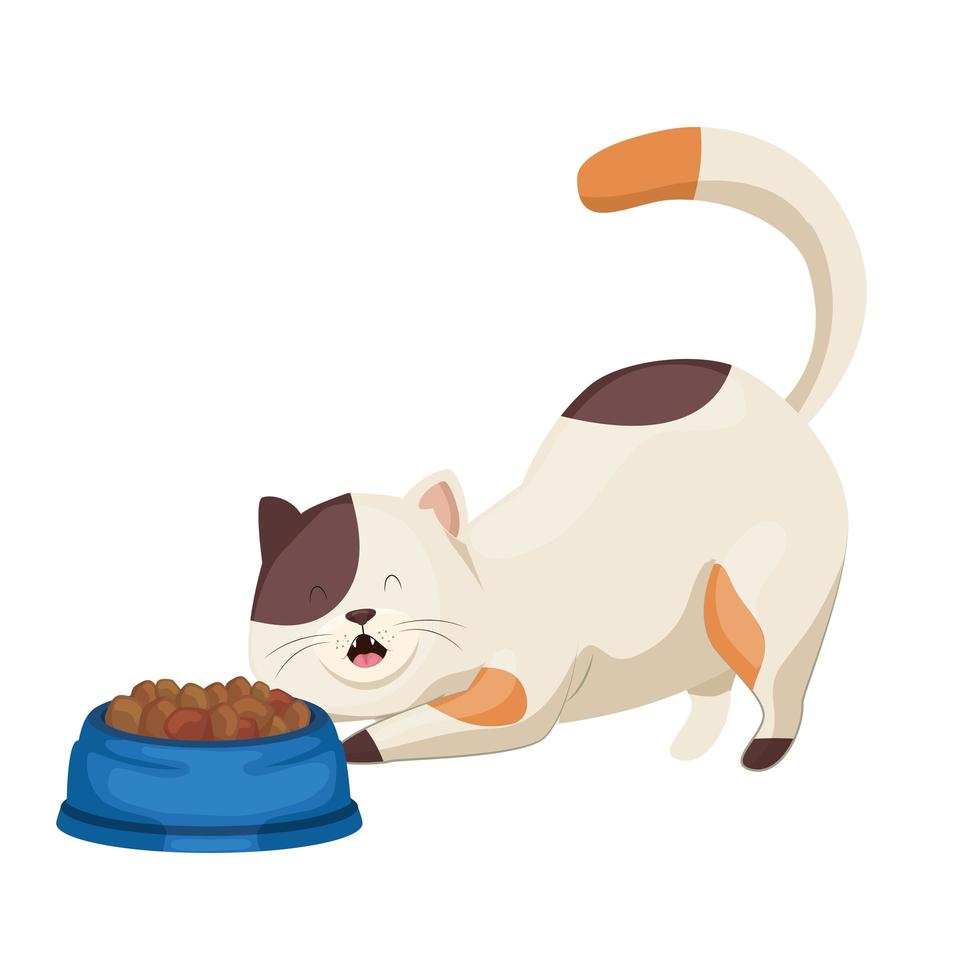 cute little cat with dish food isolated icon vector