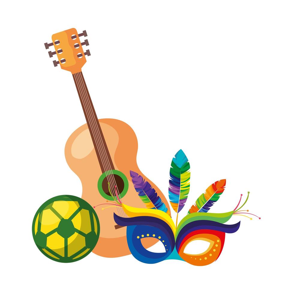 Guitarra con máscara de carnaval y balón de fútbol. vector