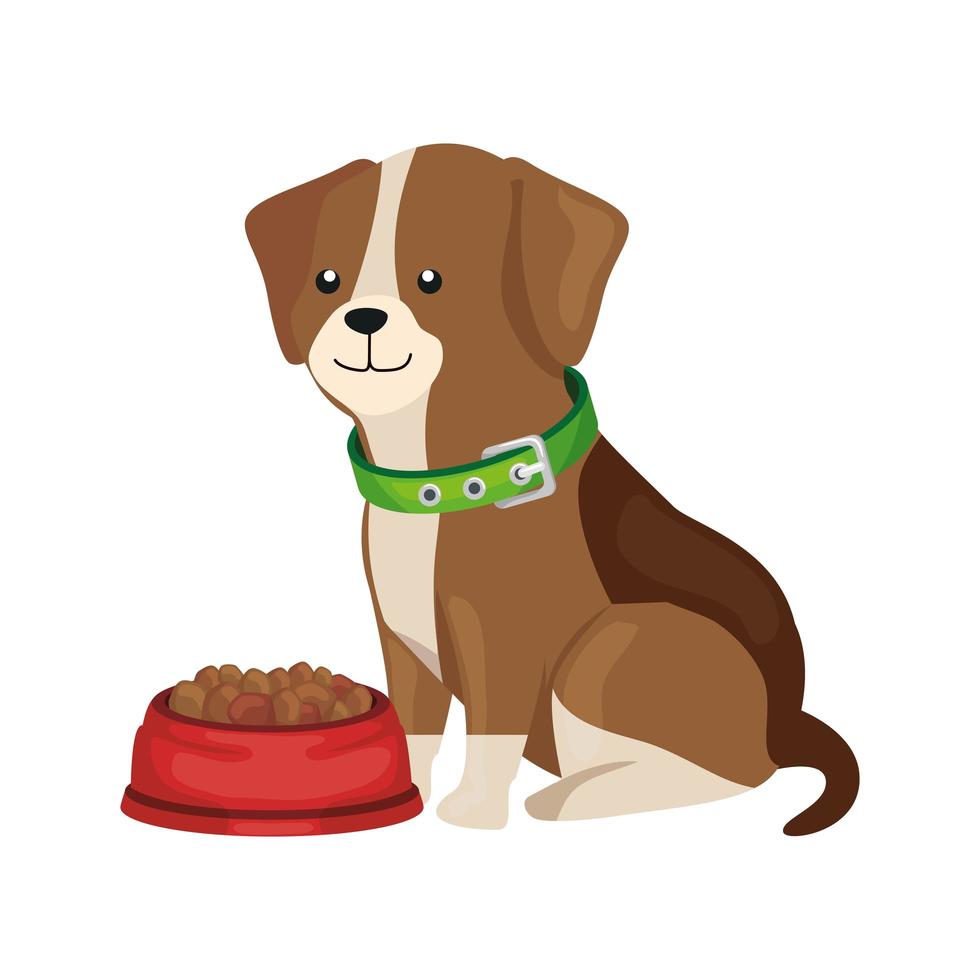 cute dog with dish food isolated icon vector