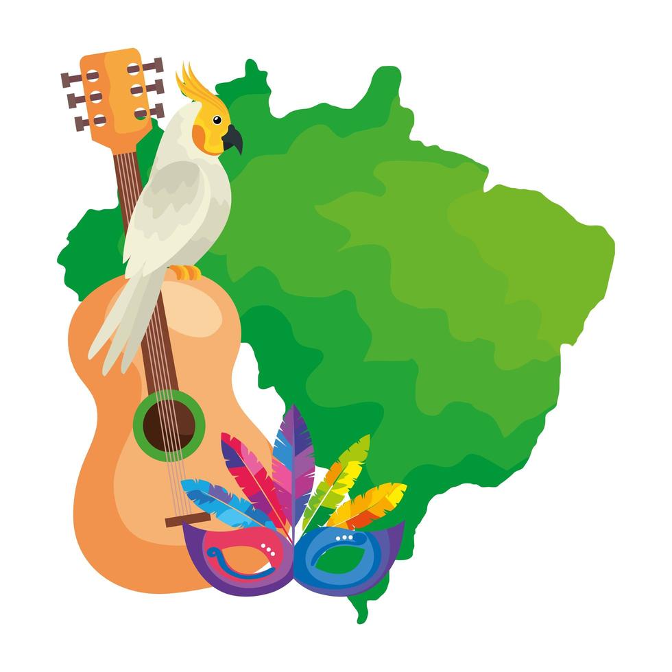 map of brazil with parrot and icons traditionals vector