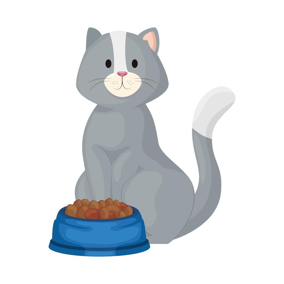 cute little cat with dish food isolated icon vector