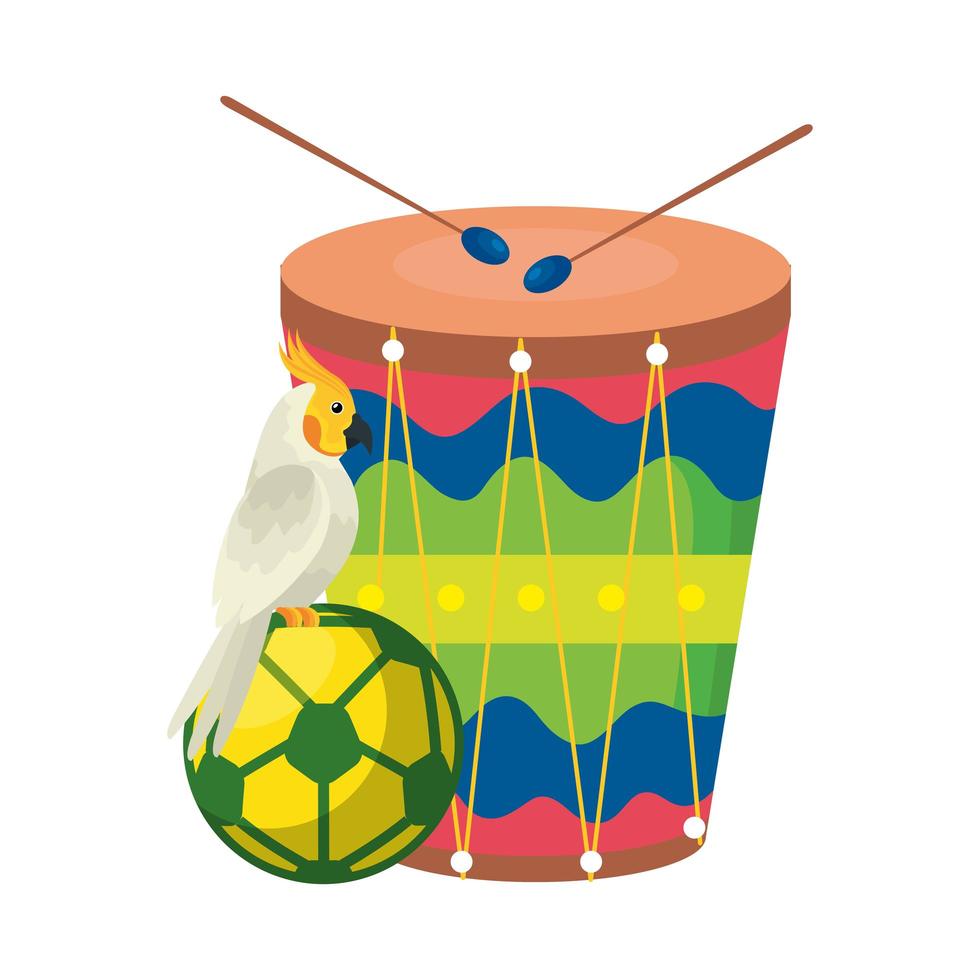 Tambor con loro y balón de fútbol icono aislado vector