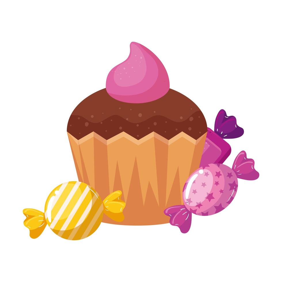 Delicioso cupcake con caramelos icono aislado vector