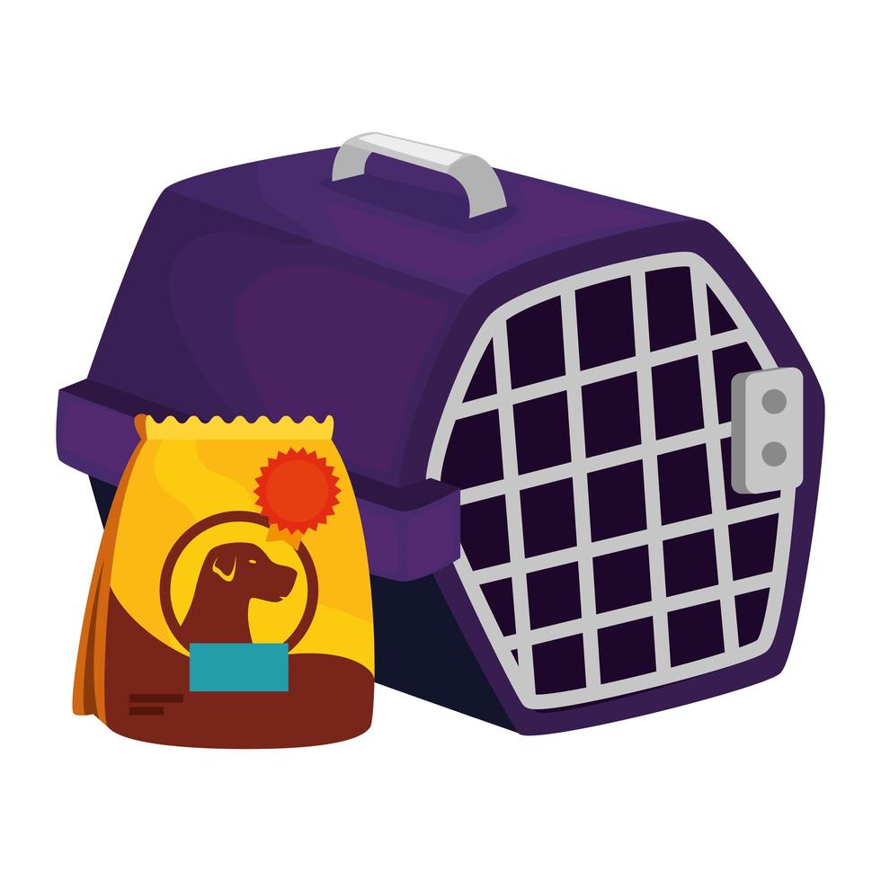 Caja de transporte de mascotas con bolsa icono aislado de animales de comida vector