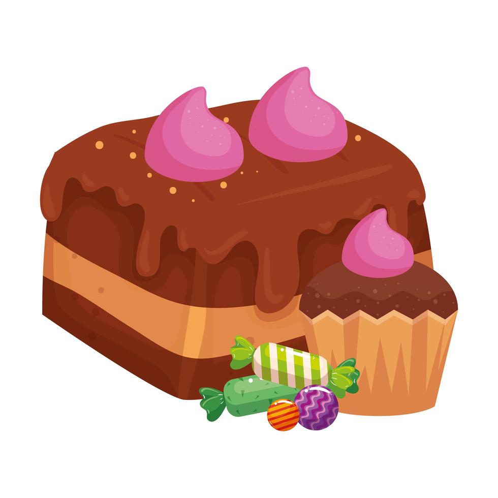 brownie de chocolate con cupcake y dulces vector