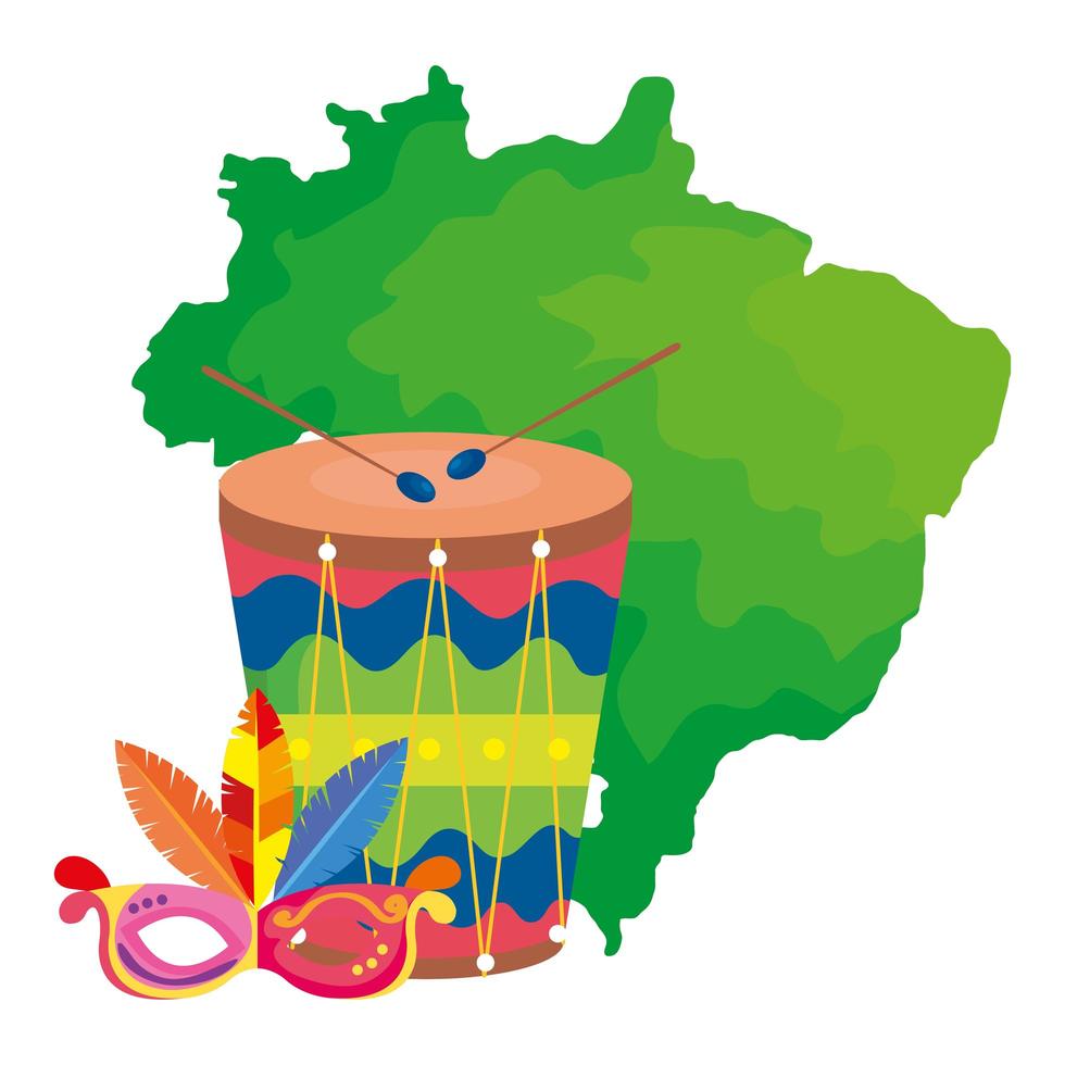 Mapa de Brasil con máscara de carnaval y tambor. vector