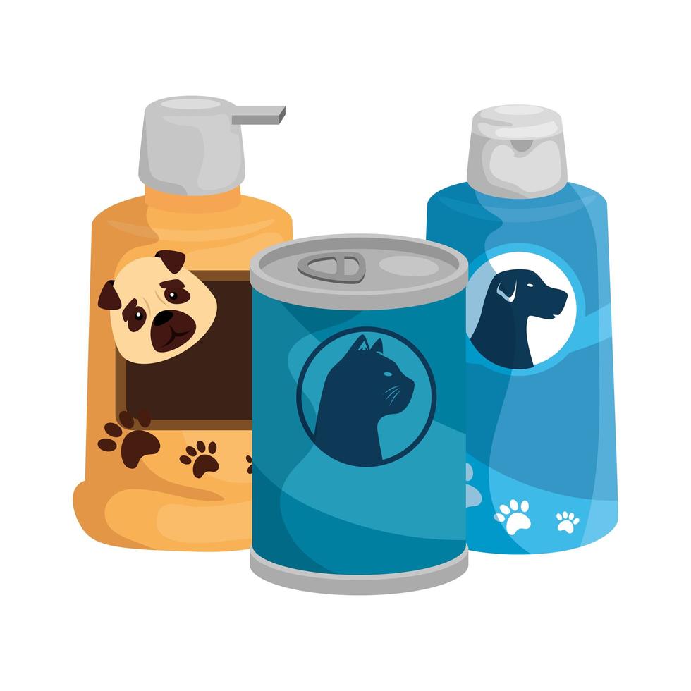 Botellas para el cuidado del perro con comida para gatos en lata. vector