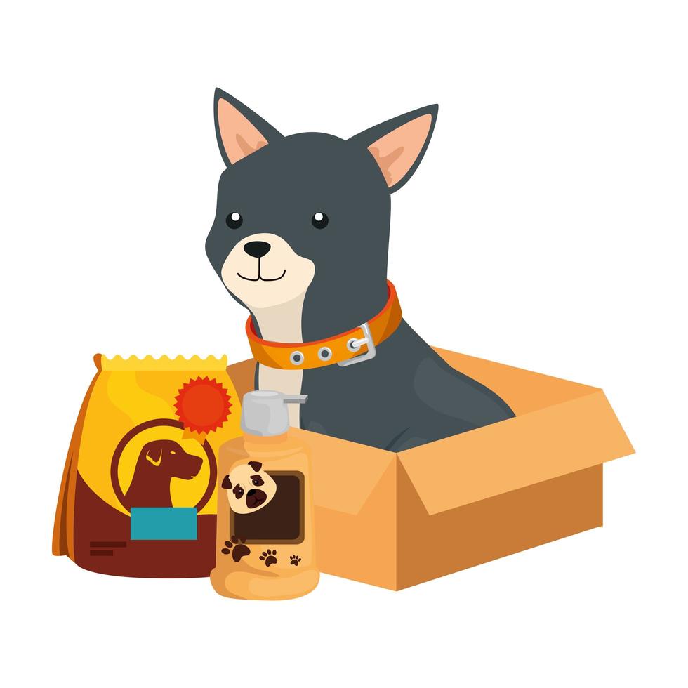 lindo perro con bolsa de comida e iconos vector