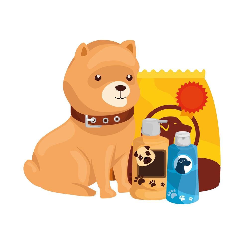 lindo perro con bolsa de comida e iconos vector