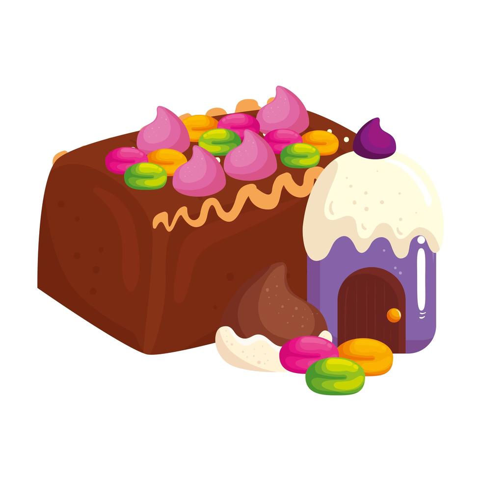 delicious cake chocolate with cupcake and candies vector