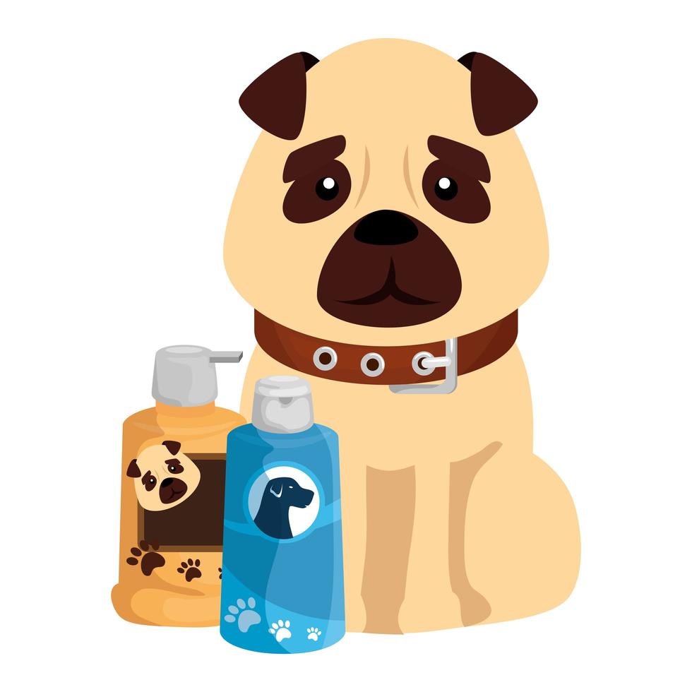 lindo perro con productos para el cuidado iconos aislados vector