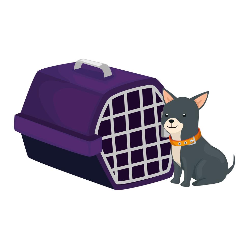 Lindo perro con caja de transporte icono aislado vector