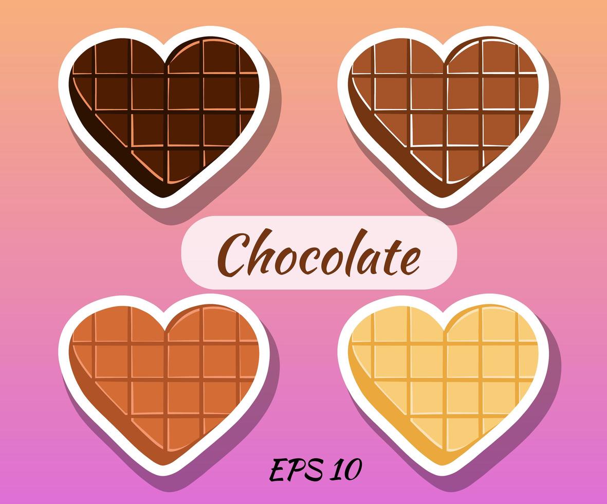 chocolates en forma de corazón. chocolate negro, blanco, con leche. vector