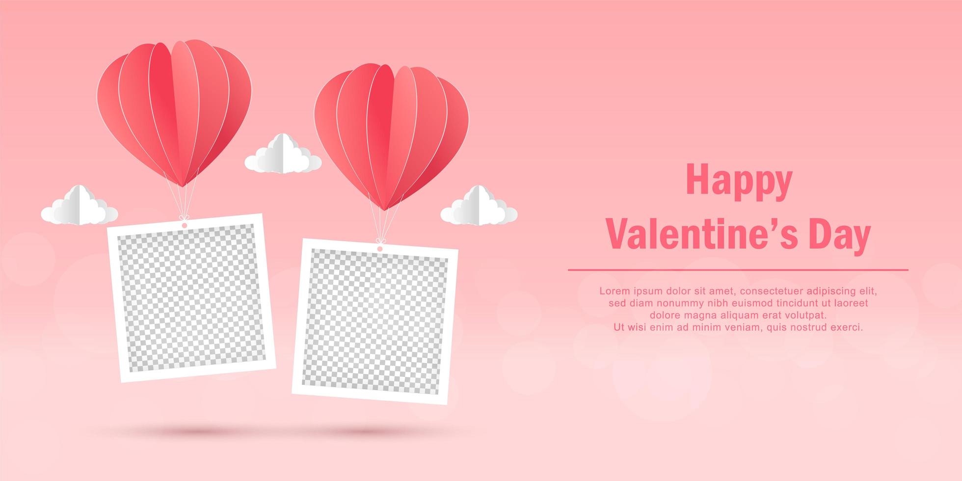 banner de san valentín de marco de fotos en blanco con globo en forma de corazón vector