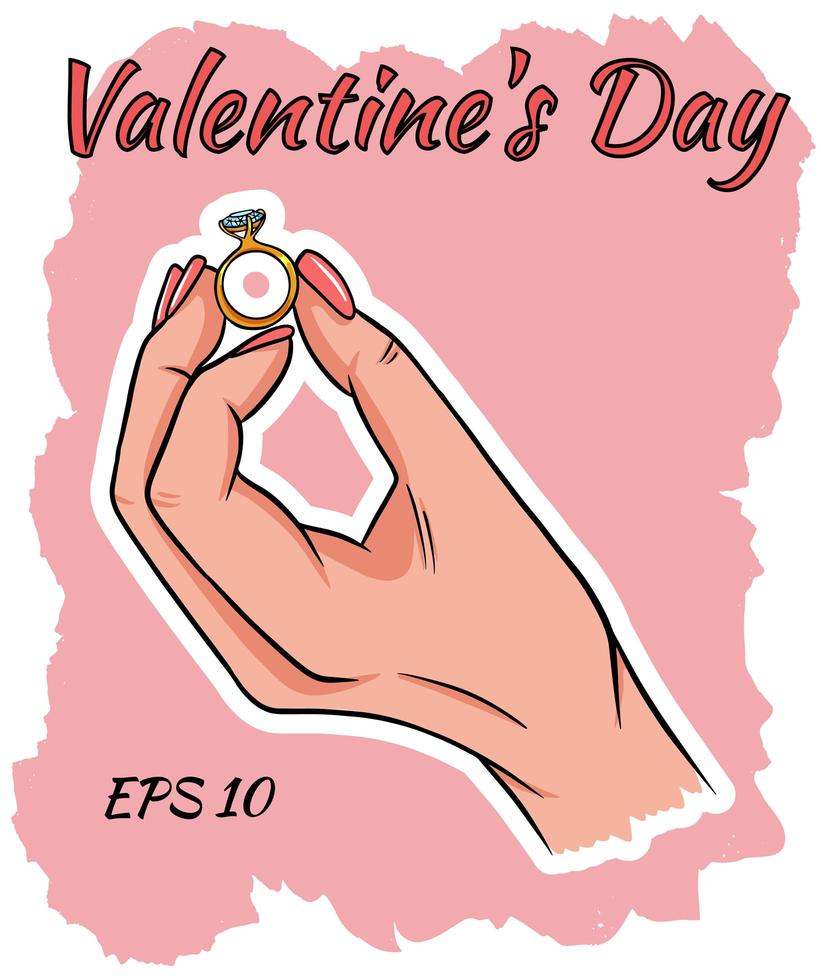 A woman hand holds a wedding ring. vector