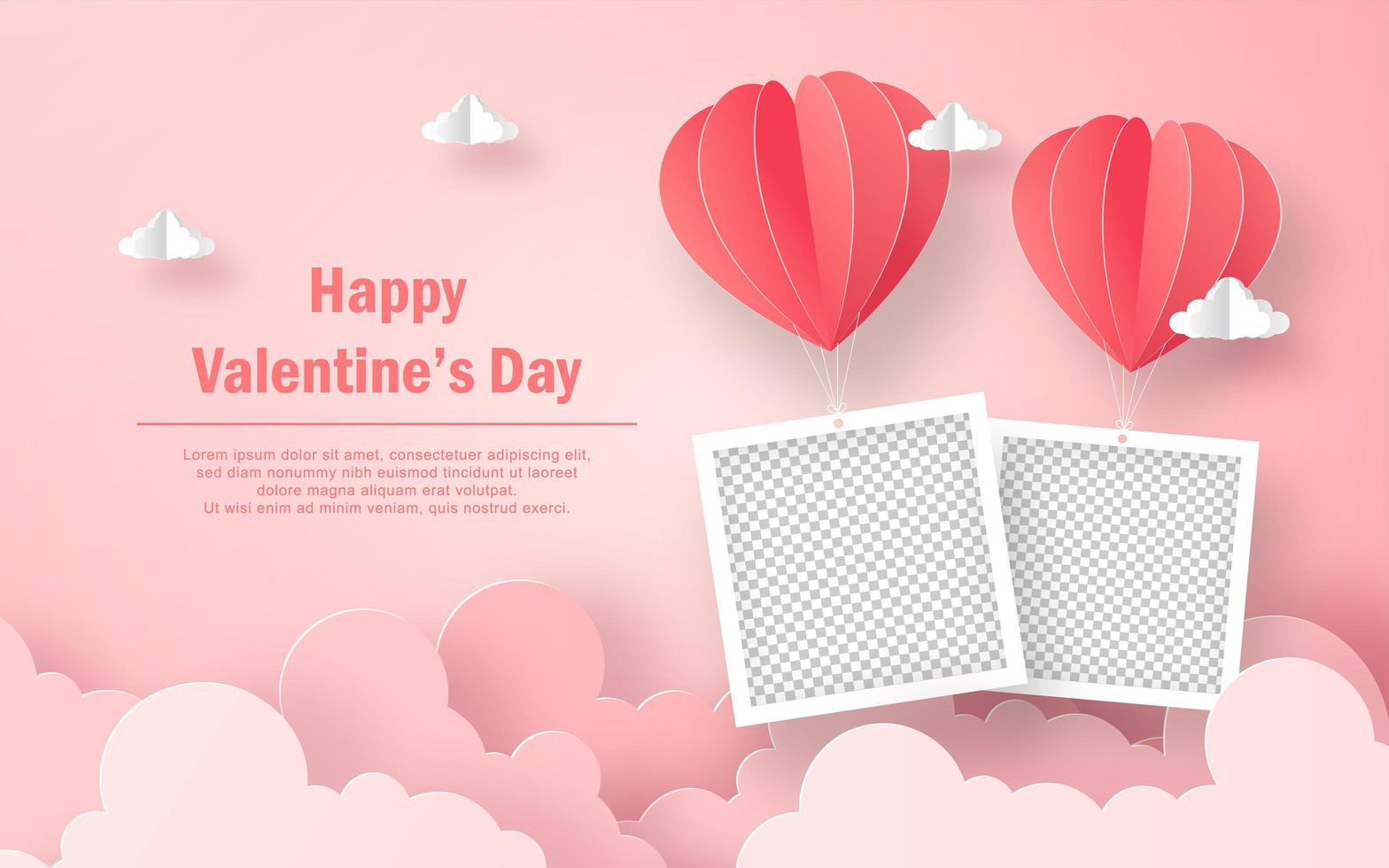 Blank photo frame with heart shape balloon on the sky, Happy Valentine's Day vector