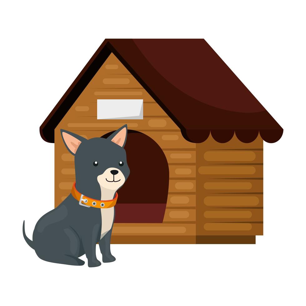 cute dog with wooden house isolated icon vector